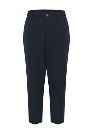 Pantalon bleu marine en tissu lisse. Il est doté d'une fermeture à bouton et d'une coupe fuselée. Silhouette simple et moderne sans motifs.