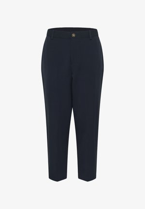 Námornícky modré nohavice z hladkej látky. Majú zapínanie na gombík a zúžený strih nohavíc. Jednoduchý, moderný silueta bez vzorov.