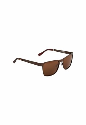 Brown sunglasses with a rectangular lens shape. Metal frame with a dark brown finish and brown tint. Notable details include textured arms and logo.