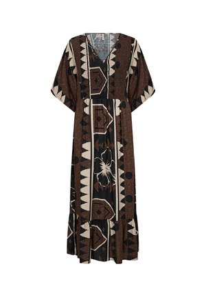 Maxikleid in Braun- und Schwarztönen mit Mustern, kurzen Ärmeln, V-Ausschnitt, elastischem Bund und weit auslaufendem Saum, der geometrische Formen und Blumenmuster präsentiert.