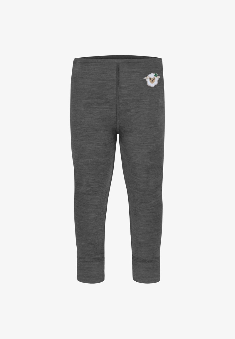 Graue Leggings aus einem weichen Material, mit einem kleinen gestickten Schaf-Emblem am Oberschenkel und elastischen Bündchen.