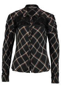 Camicia nera con un motivo a diamante bianco e marrone, caratterizzata da un rivestimento in pizzo sulle spalle, chiusura con bottoni sul davanti e maniche lunghe aderenti.