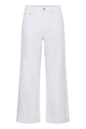 Pantalones cortos blancos de pierna ancha y cintura alta con cierre de botones delanteros y trabillas para cinturón, con dos bolsillos delanteros y un dobladillo limpio.