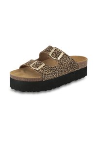 Sandali con piattaforma a stampa leopardata, dotati di due cinturini regolabili, fibbie metalliche e una suola in gomma nera texturizzata. Soletta in sughero per il comfort.