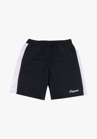 Shorts de sport noirs avec ceinture élastique, bandes blanches sur les côtés, et logo "Dropsize" sur la partie inférieure de la jambe gauche.