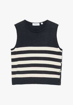 Czarna bezrękawnikowa dzianinowa kamizelka z trzema poziomymi białymi paskami na przodzie oraz dwoma małymi guzikami po boku na jednym z brzegów.