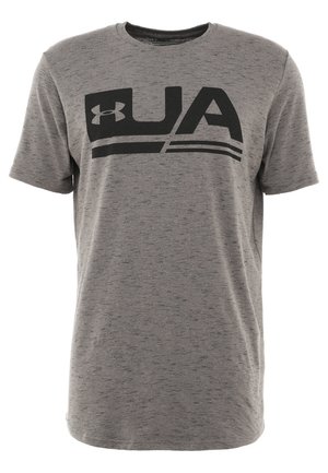 Grijs Under Armour T-shirt met korte mouwen met zwart "UA" logo en strepen over de borst, ronde hals en subtiele stofstructuur.