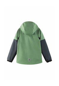 Grüne und graue Kapuzenjacke mit elastischen Bündchen, glatter Textur, Logo-Patch auf der Rückseite und einem lässigen Schnitt.