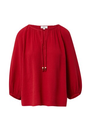 Rote, locker sitzende Bluse mit strukturiertem, zerknittertem Design. Mit rundem Ausschnitt und gerafften 3/4-Ärmeln. Vorn mit dekorativen Perlen gebunden.