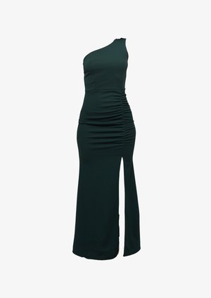 Ühe õla tumeroheline kleit, millel on küljepealne voldimine, taljepealne lõige ja kõrge lõhik vasakul küljel, valmistatud siledast kangast.