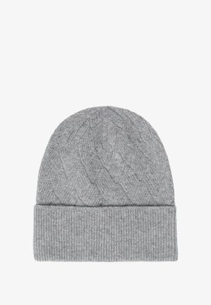 Hallitus hall värvitud beanie, millel on tekstuuriga herringbone muster. Omab volditud ribaga mansetti lisasoojade ja mugavuse tagamiseks.