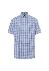 Kurzarmhemd mit blau-weißer kariertem Muster, Button-Down-Kragen, glattem Stoff und lockerer Passform mit einer Tasche auf der linken Seite.