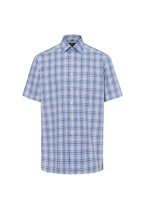 Kurzarmhemd mit blau-weißer kariertem Muster, Button-Down-Kragen, glattem Stoff und lockerer Passform mit einer Tasche auf der linken Seite.