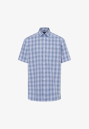 Kurzarmhemd mit blau-weißer kariertem Muster, Button-Down-Kragen, glattem Stoff und lockerer Passform mit einer Tasche auf der linken Seite.