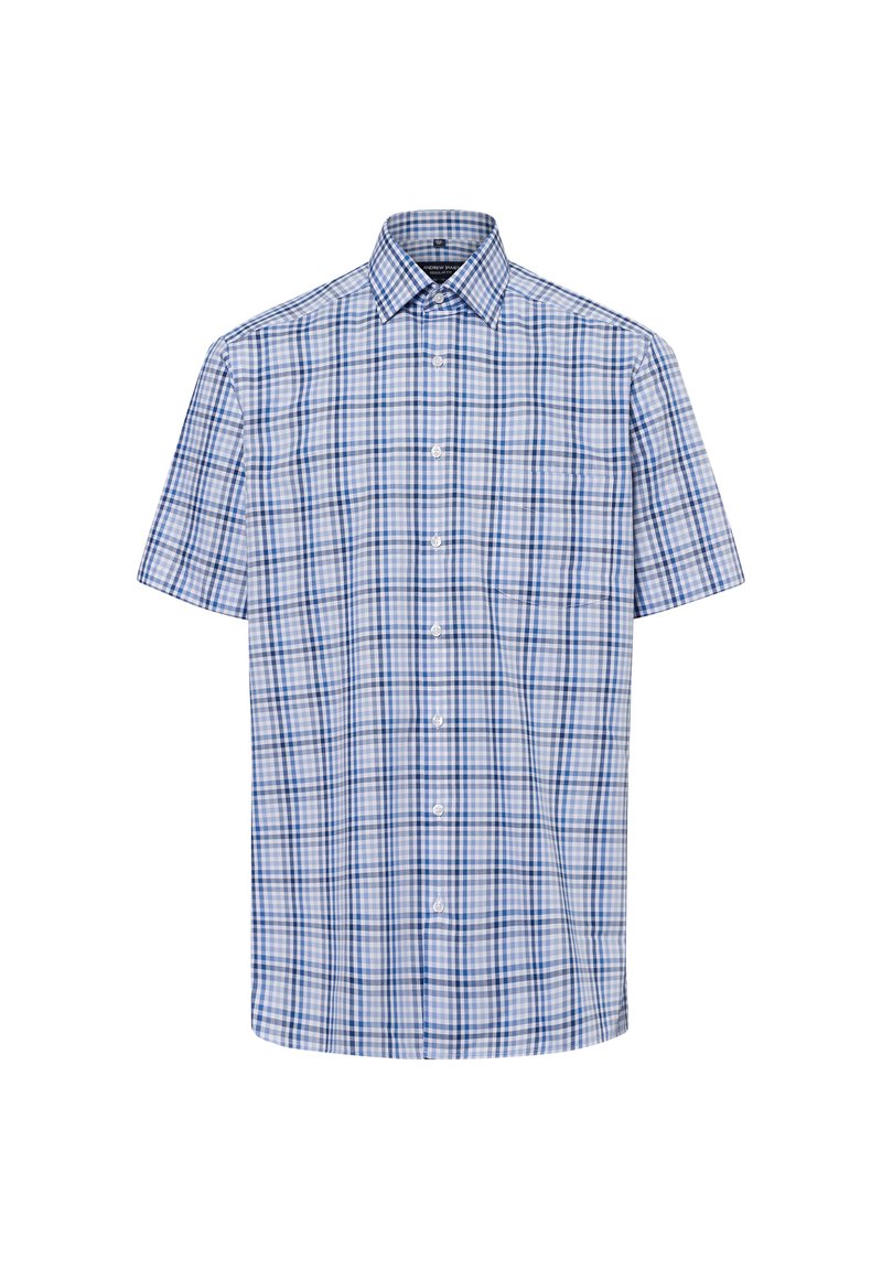 Kurzarmhemd mit blau-weißer kariertem Muster, Button-Down-Kragen, glattem Stoff und lockerer Passform mit einer Tasche auf der linken Seite.