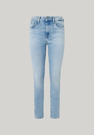 Gai zils džinsu bikses ar taisnu griezumu, klasisku piecu kabatu dizainu un jostu ar vienu pogu.