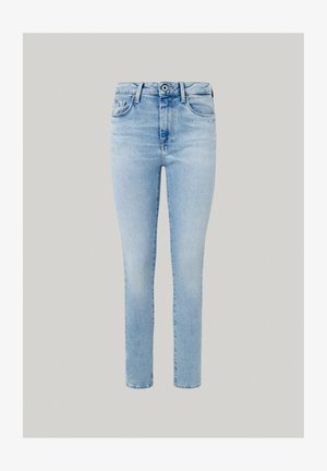 Svijetloplave traperice s ravnim krojem, klasičnim dizajnom s pet džepova i pojasom s petljama i jednim dugmadi za zatvaranje.