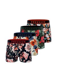 Quatre paires de boxers pour hommes présentant des motifs floraux. Les couleurs incluent le navy, le vert, le beige et le noir. Ceintures élastiques avec le logo "FREEGUN".