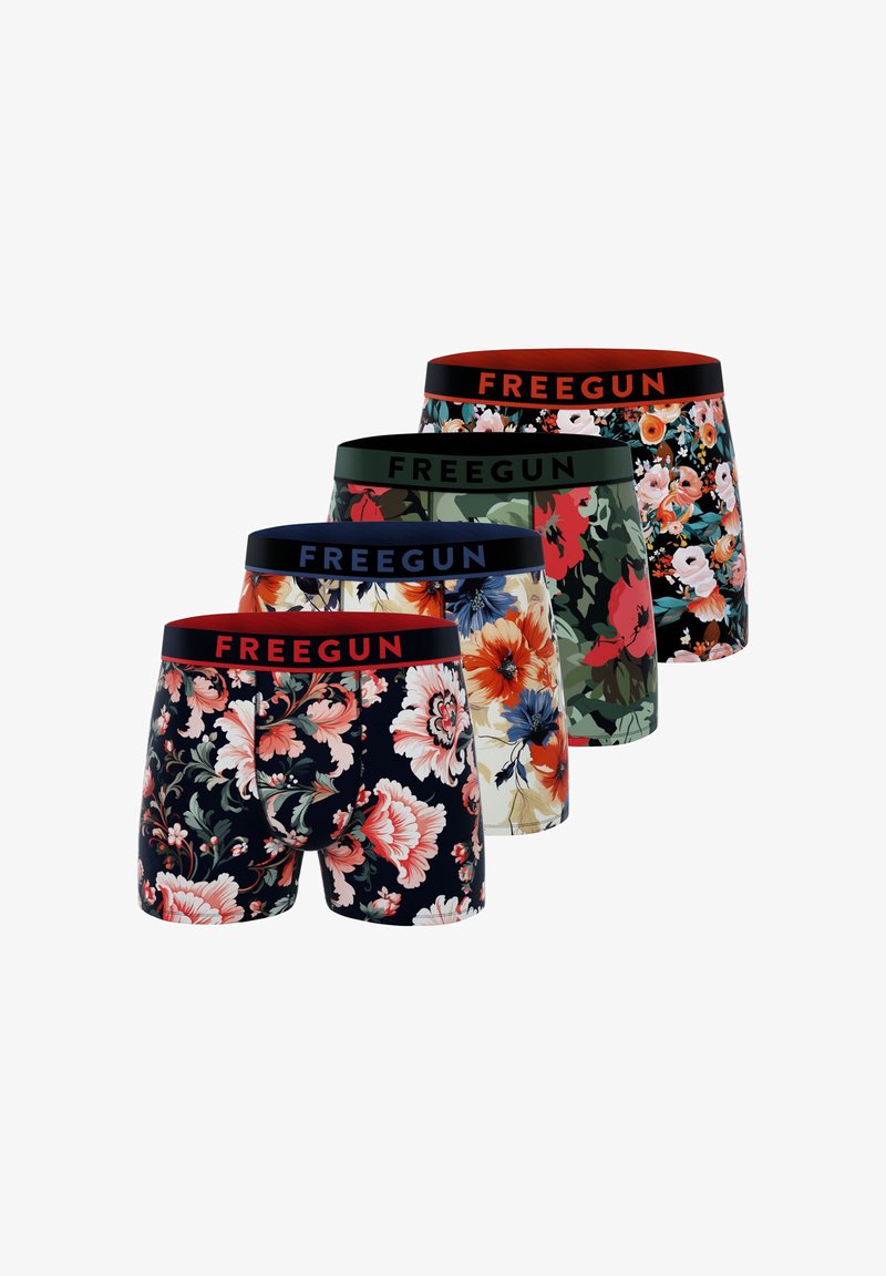 Quatre paires de boxers pour hommes présentant des motifs floraux. Les couleurs incluent le navy, le vert, le beige et le noir. Ceintures élastiques avec le logo "FREEGUN".