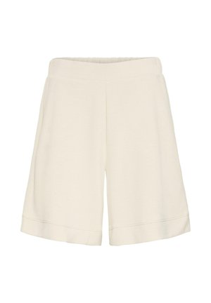 Kreemivärvides põlvekõrged püksid, millel on elastne vöökoht ja puhas, lihtne disain valgel taustal.