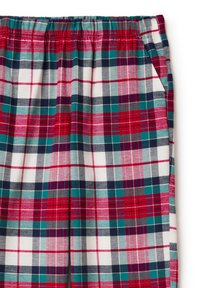Kárované kalhoty v kombinaci červené, námořnické modré, zelené a bílé barvy, vyrobené z měkké látky, s elastickým pasem a bočními kapsami.