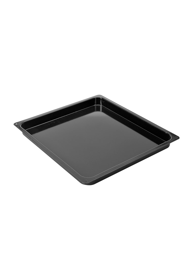 Eckige Backform, schwarzes Metall, flache Seiten, glatte Oberfläche, verstärkte Ecken, konzipiert für eine gleichmäßige Wärmeverteilung und einfache Handhabung.