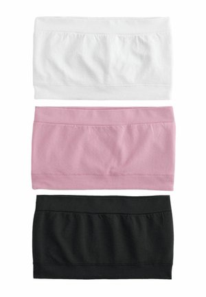 Three seamless bandeau tops in white, pink, and black, stacked vertically on a white background.