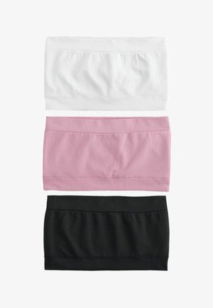 Trzy bezszwowe topy bandeau w kolorach białym, różowym i czarnym, ułożone pionowo na białym tle.