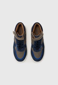 Blue and gray high-top sneakers with suede and synthetic materials, featuring contrasting accents, a strap, and dark laces on a white sole.