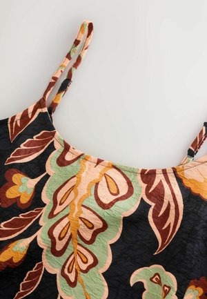 Mehrfarbiges Blumenmustergewebe in Schwarz, Grün, Orange und Pink. Verstellbare Träger und geschwungene Ausschnittdetails.