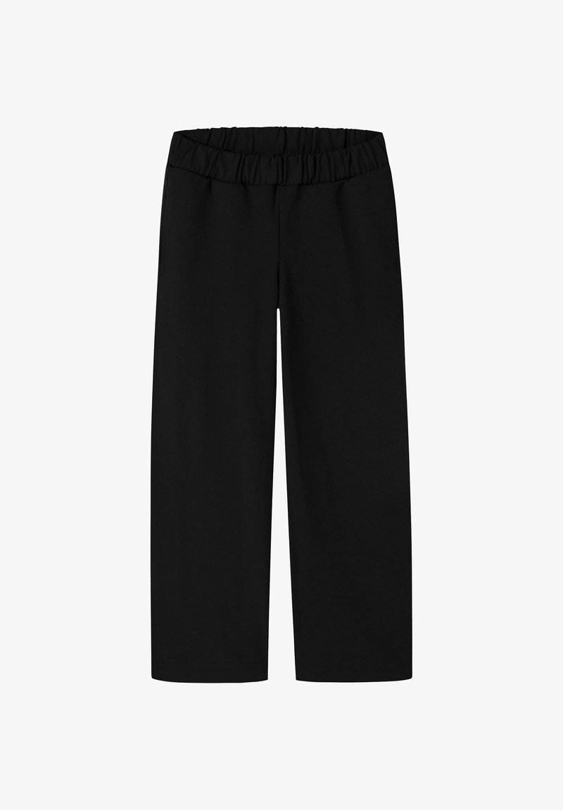 Pantaloni neri a gamba larga con vita elastica, realizzati in tessuto morbido. Presentano una superficie liscia e una silhouette dritta.