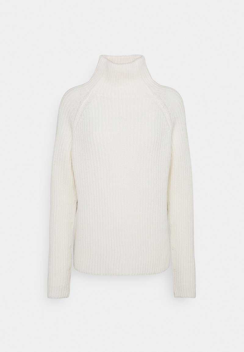 Pull en maille côtelée de couleur crème avec manches longues et col roulé haut, présenté sur un fond uni.