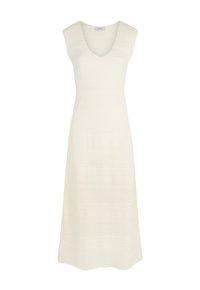 Weißes ärmelloses Strickkleid mit V-Ausschnitt, das strukturierte Muster und eine ausgestellte Silhouette aufweist, die bis zur Mitte der Wade reicht.