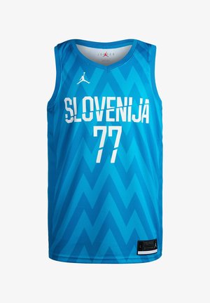 Camiseta de baloncesto azul con patrón de zigzag, "SLOVENIJA" y número 77 en blanco, con un logo Jumpman blanco en el pecho.