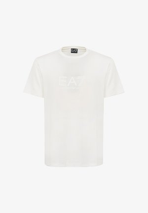 Wit T-shirt met korte mouwen en ronde hals, voorzien van een subtiel relief van het "EA7 Emporio Armani"-logo op de borst.