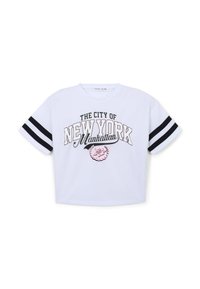 Maglietta corta bianca con lettering nero e rosa "THE CITY OF NEW YORK Manhattan" e strisce nere sulle maniche corte. Tessuto morbido.
