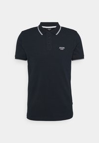 Marinblå polo skjorta i bomull, med klassisk krage, tre-knapps knäppning och kontrasterande vita detaljer på kragen och ärmarna.