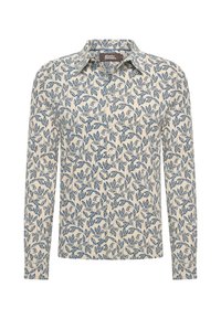 Biała koszula z długim rękawem w niebieski wzór liści. Posiada kołnierzyk, zapięcie na guziki oraz miękki materiał o gładkiej fakturze.