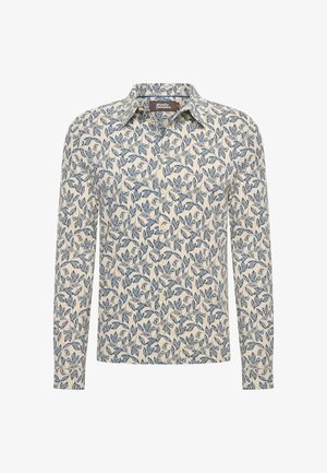 Lange mouwen shirt in crème met een blauw bladerenpatroon. Heeft een kraag, knoopsluiting en zachte stof met een gladde textuur.
