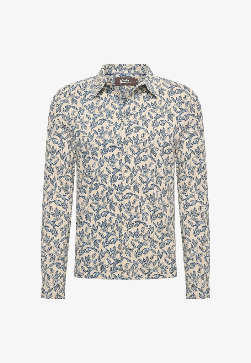 Biała koszula z długim rękawem w niebieski wzór liści. Posiada kołnierzyk, zapięcie na guziki oraz miękki materiał o gładkiej fakturze.