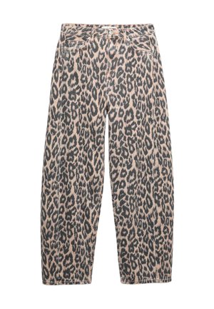 Denim jeans met luipaardprint, voorzien van een losse pasvorm, hoge taille en standaard ontwerp met vijf zakken. Kleurenpalet omvat beige en zwart.