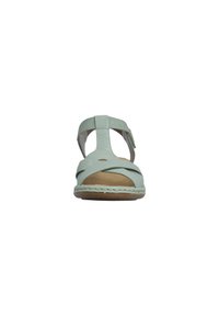 Sandale vert clair à bout ouvert avec brides croisées, bride de cheville avec fermeture Velcro et semelle intérieure rembourrée couleur beige, vue de face.