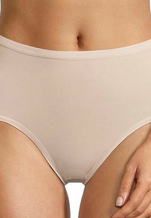 Beige high-waisted underwear with elastic waistband, smooth texture, and no visible seams. Design features a classic cut for full coverage.