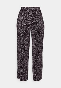 Czarne spodnie z białym kwiatowym wzorem, z wysokim stanem i szerokimi, luźnymi nogawkami. Wykonane z lekkiego materiału.