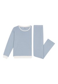 Lichtblauw gestreept pyjama set met een langmouwtop en leggings. Kenmerkt zich door witte boorden en een halslijn, gemaakt van zacht, rekbaar materiaal.