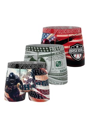 Trois paires de boxers pour hommes sur les thèmes sport et argent, avec des motifs de football américain, baseball et billets de cent dollars.
