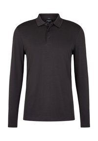 Koszulka polo z długim rękawem w ciemnoszarym kolorze z kołnierzykiem, listwą na trzy guziki i miękką, gładką fakturą. Klasyczny krój z prostą linią dołu.