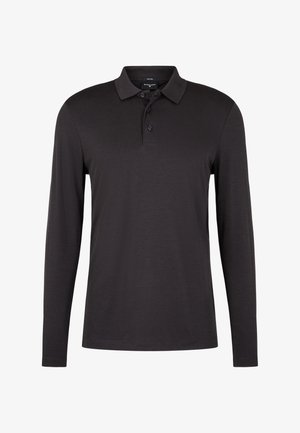 Koszulka polo z długim rękawem w ciemnoszarym kolorze z kołnierzykiem, listwą na trzy guziki i miękką, gładką fakturą. Klasyczny krój z prostą linią dołu.