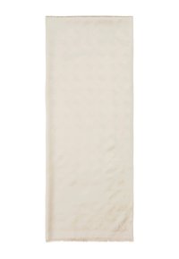 Écharpe beige clair en tissu doux, ornée d'un motif subtil et de bords frangés. Le logo de la marque est discrètement affiché dans un coin.