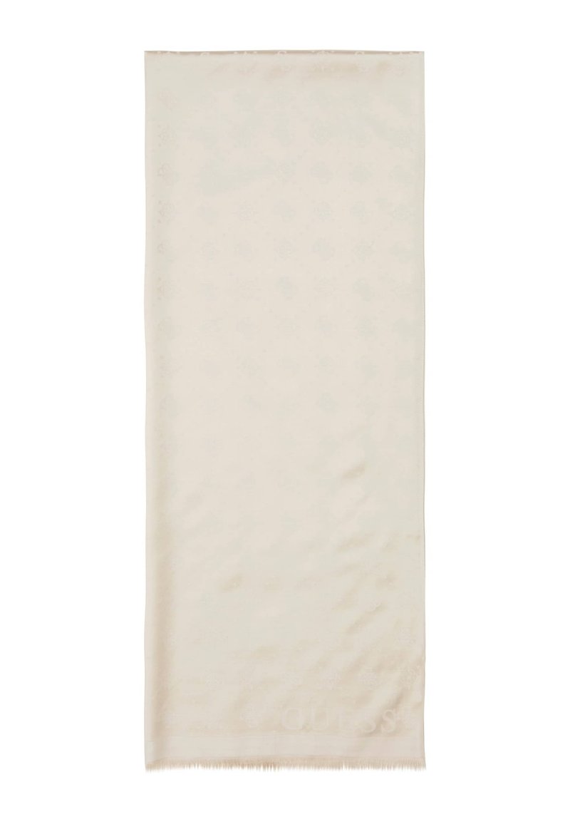 Écharpe beige clair en tissu doux, ornée d'un motif subtil et de bords frangés. Le logo de la marque est discrètement affiché dans un coin.